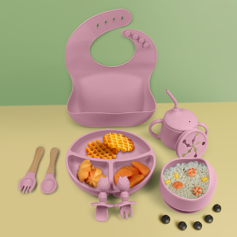 100% Silicone Baby Feeding Set,9-Piece Baby Tableware Set Silicone Smiley Dinner Plate Bib Bowl Spoon Fork Cup Silicone Baby Feeding Set