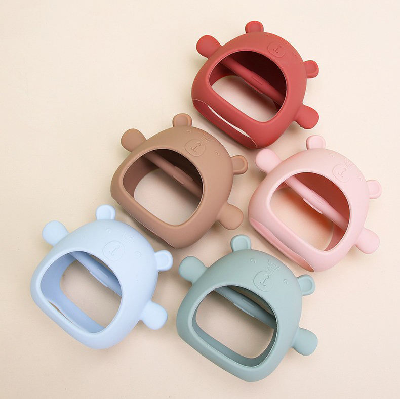Food Grade Anti-Drop Silicone Bear Teether Hand Teething Pacifier Baby Chew Toys for Sucking Chewing Needs
