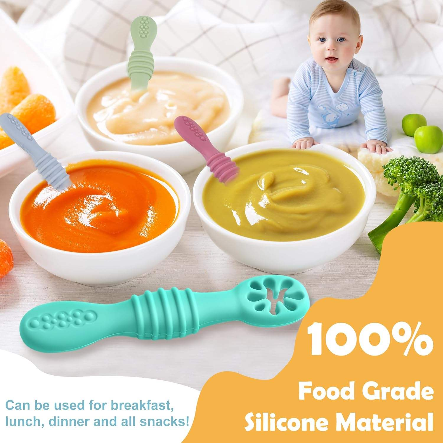  BPA-Free Silicone Baby Training Weaning Spoons First Stage Baby Led Weaning Toddler Utensils Training Feeding Spoon Set