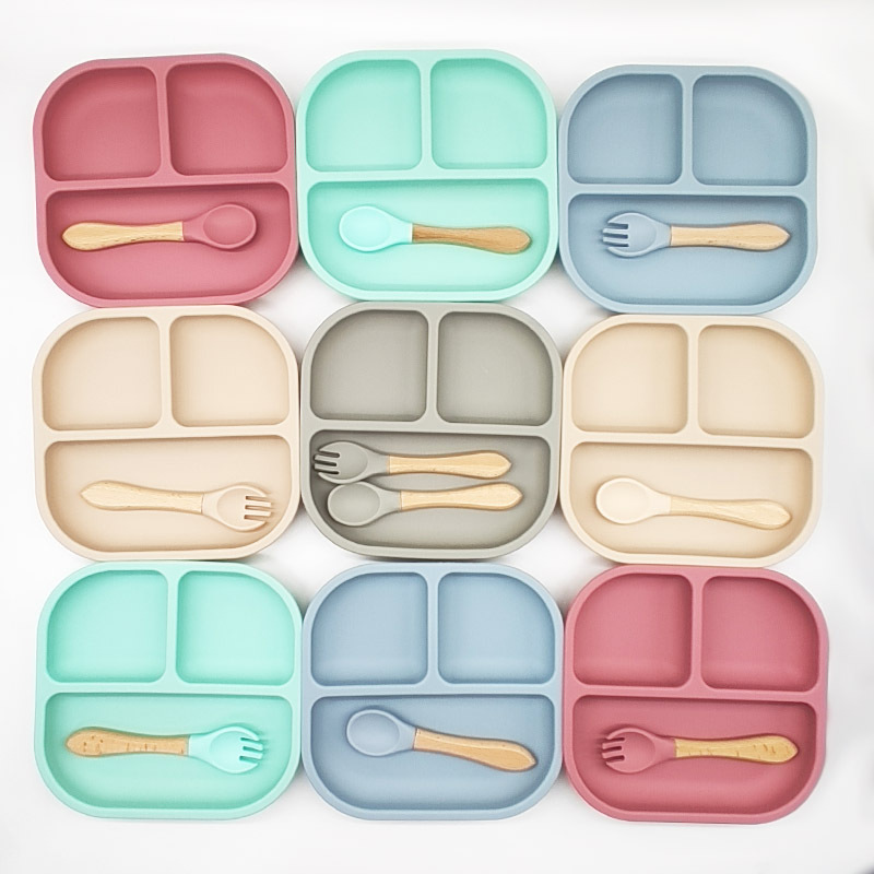 Silicone Plates & Spoons for Baby Toddlers Infant Kids Divided Toddler Suction Plate Baby Dish Set