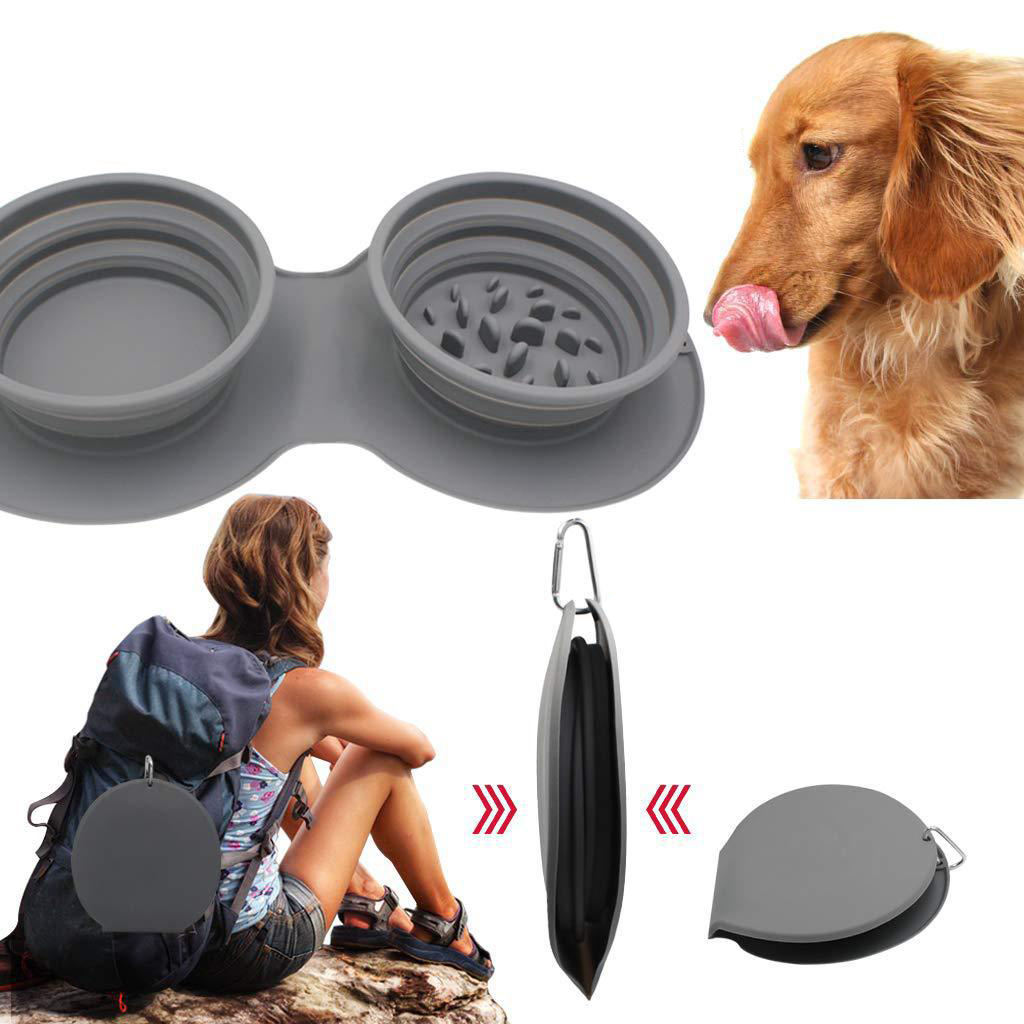  High Quality Custom Foldable Silicone Double Pet Water Bowl Collapsible Travel Dog Bowl Slow Feeder